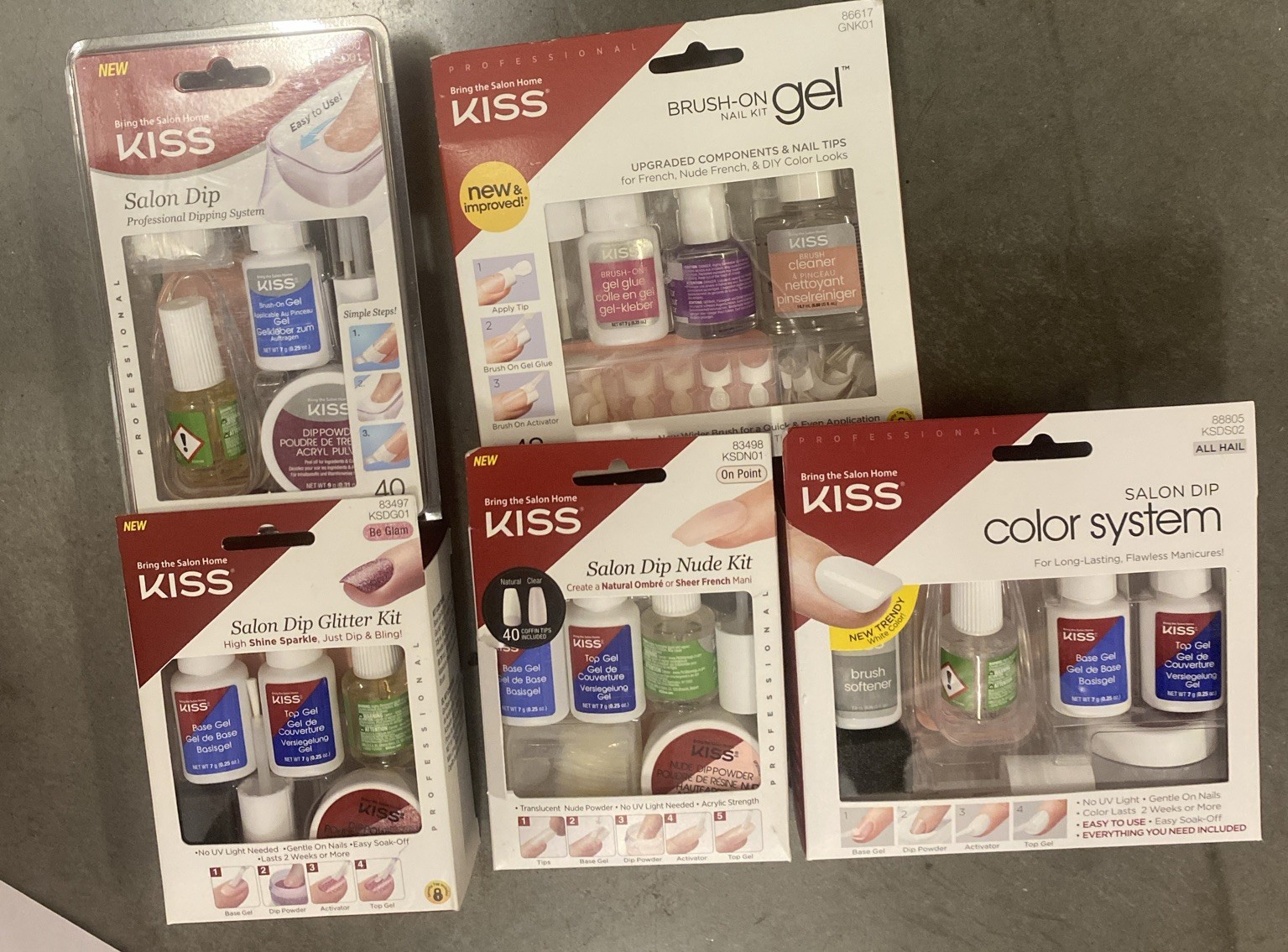 KISS Salon 5Pc BUNDLE Brush On Gel & Salon Dip Nail Systems Easy To Apply