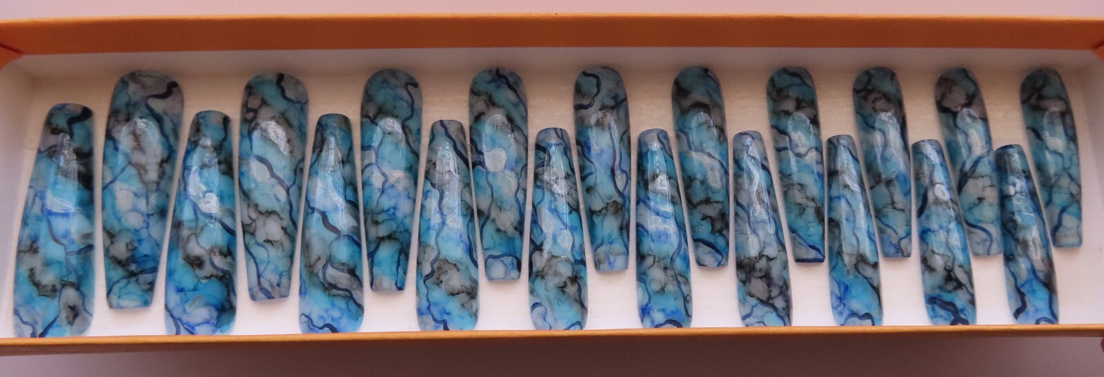 XL Blue Black Silver Metallic Ink Square Coffin Press On Nails (20)