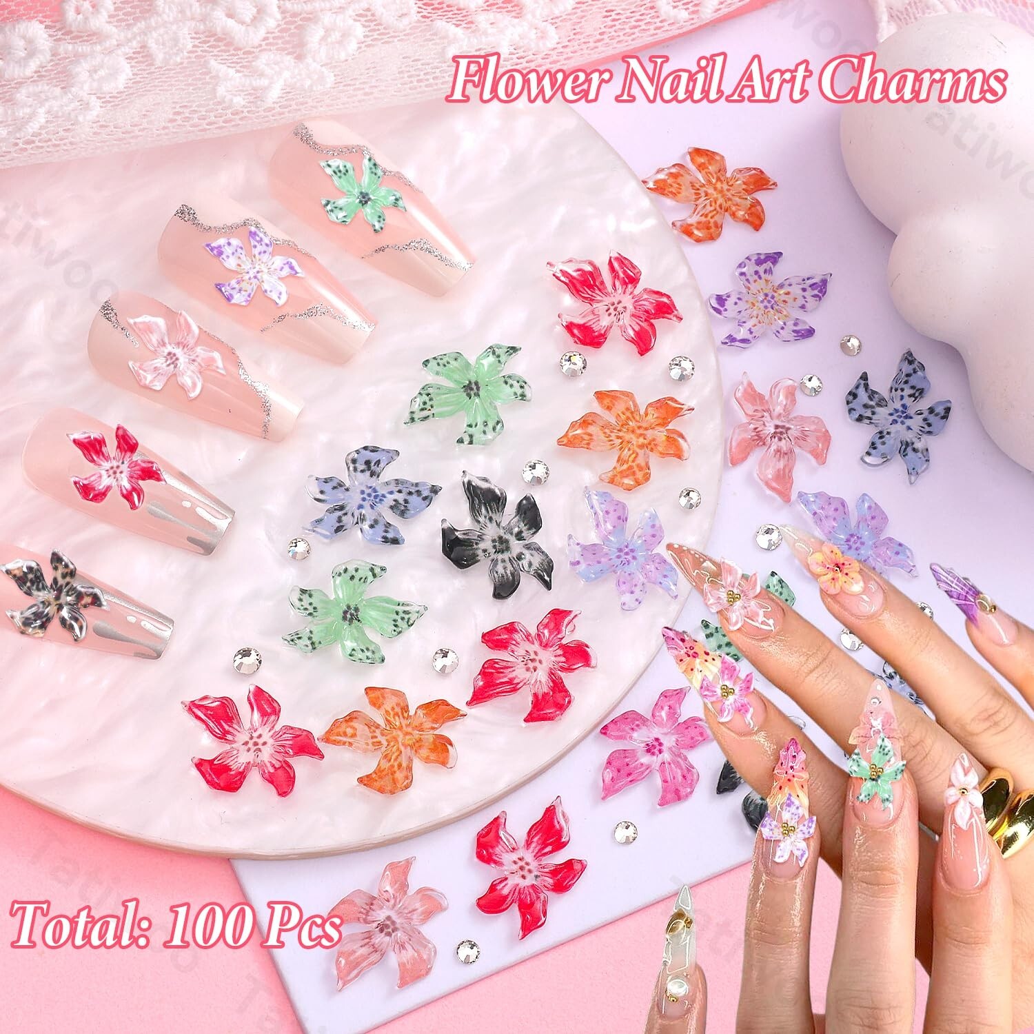 100Pcs Flower Nail Charms 3D Hawaii Flower Nails Color Soft Hibiscus Floral Art
