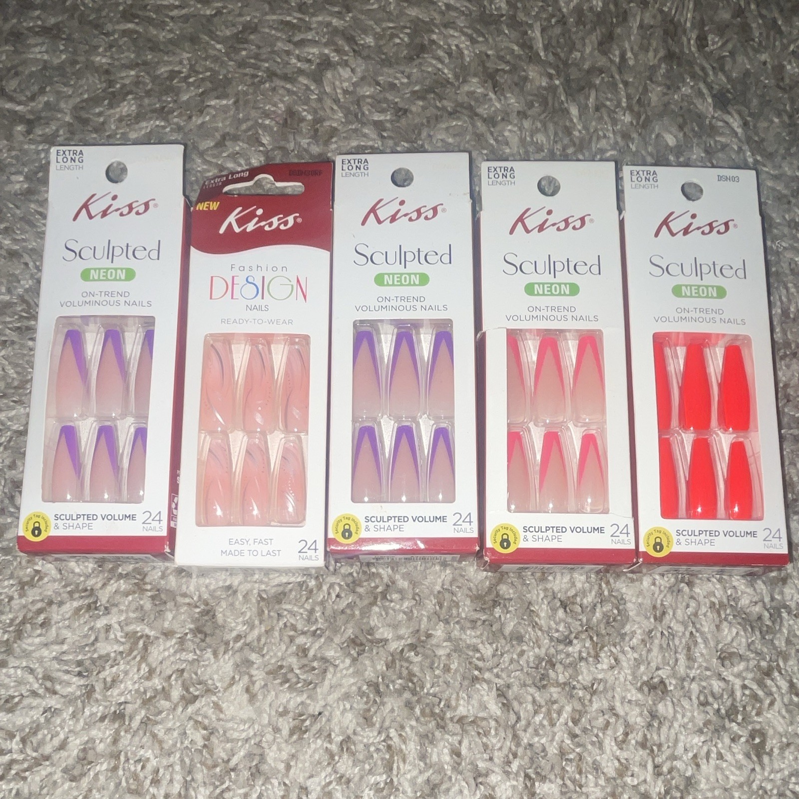 Kiss Neon Extra Long Full Cover Artificial Nails Lot of 5, 24ct, Pink Purple