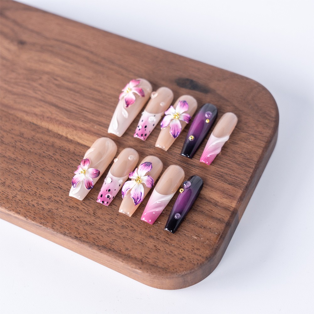 Handmade Press On Nails Purple Gradient Floral Rhinestone Long Coffin Fake Nails
