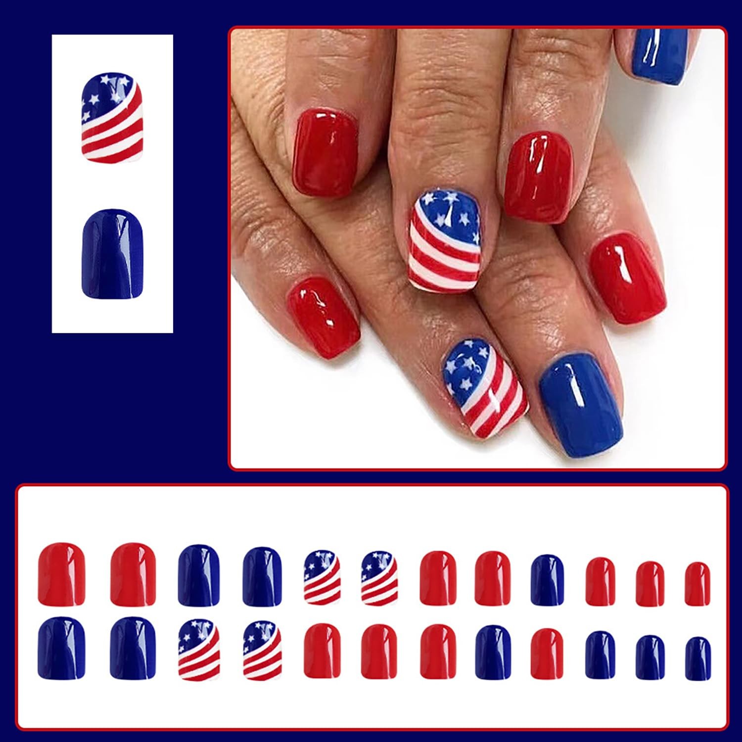 4th of July Press on Toenails Short Square Fake Toe Nails Glossy Independence