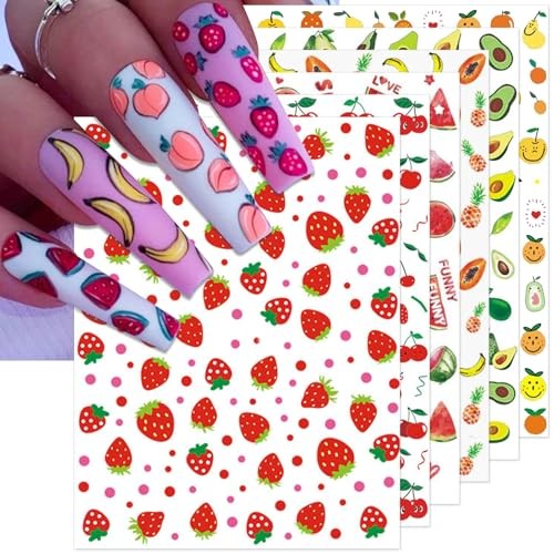 9 Sheets Fruit Nail Art Stickers – Colorful Red Yellow Orange Fruit Collection