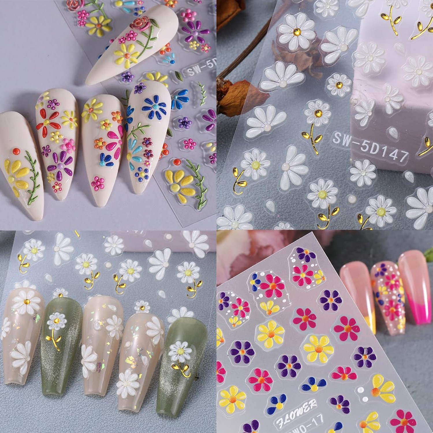 5D Embossed Flower Nail Art Stickers Self Adhesive Nail Decals Colorful Flowe…