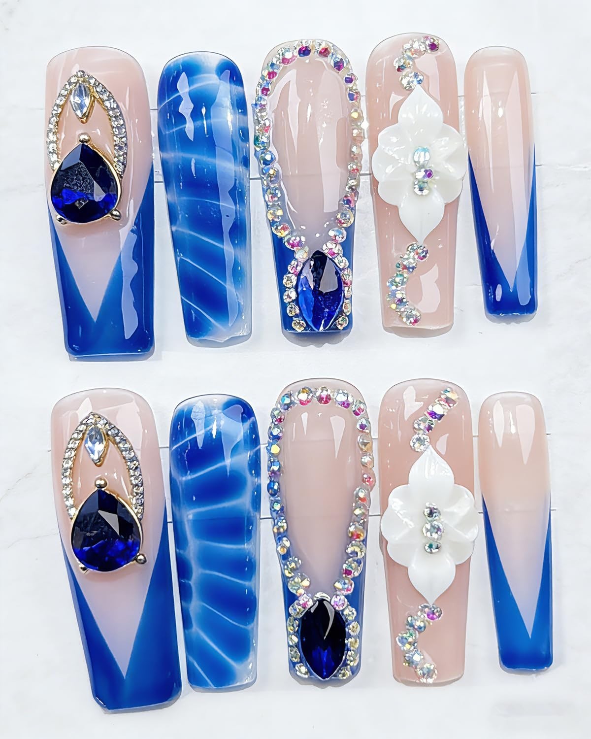 Luxury Handmade Long Blue Water Ripple Coffin Press-On Nails – 10pcs Glossy Acry