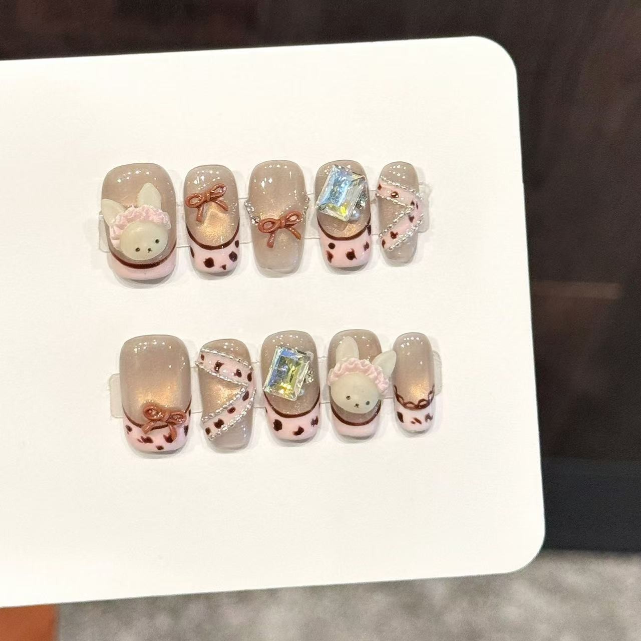 Handmade French Bunny Cute False Nail Short Coffin Press on Nail Nail Art