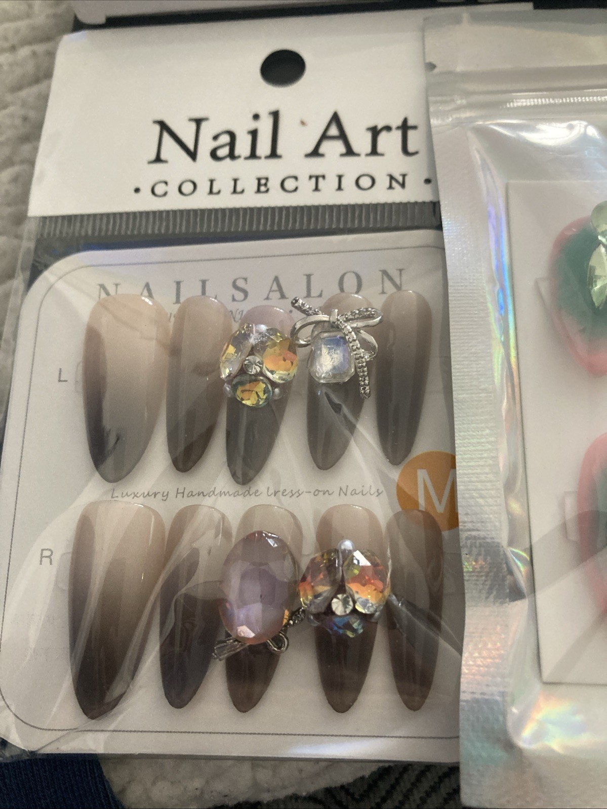 Lot of 10 Packs Glue On Nails Size M Rhinestone 3D Bling False Nail Art Long New