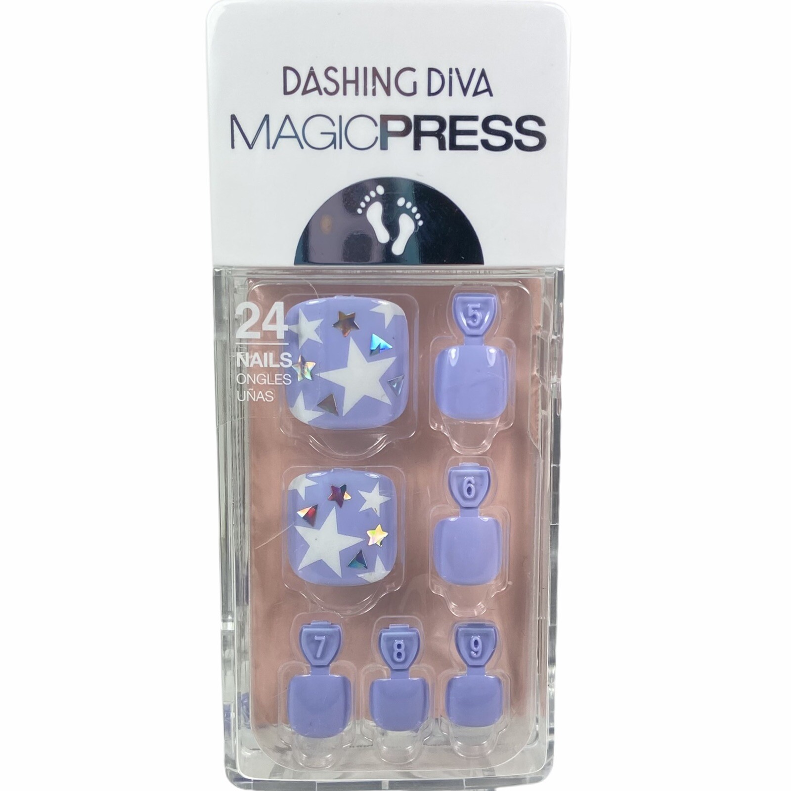 NEW Dashing Diva Magic Press On Pedicure Periwinkle White Silver Stars Toe Nails