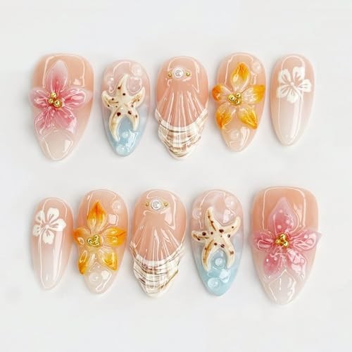 30Pcs Summer Beach Press On Nails – French Almond Shape – Ocean Theme – 23