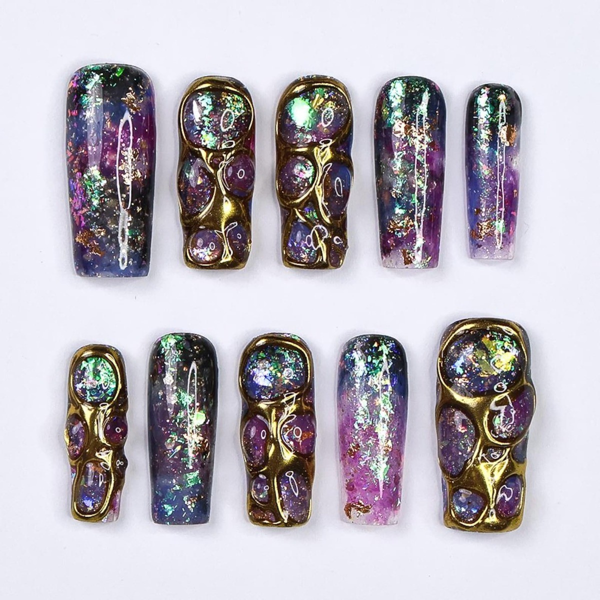 Purple Galaxy Handmade Press on Nails Gold Wire Iridescent Glitter Fake Nails