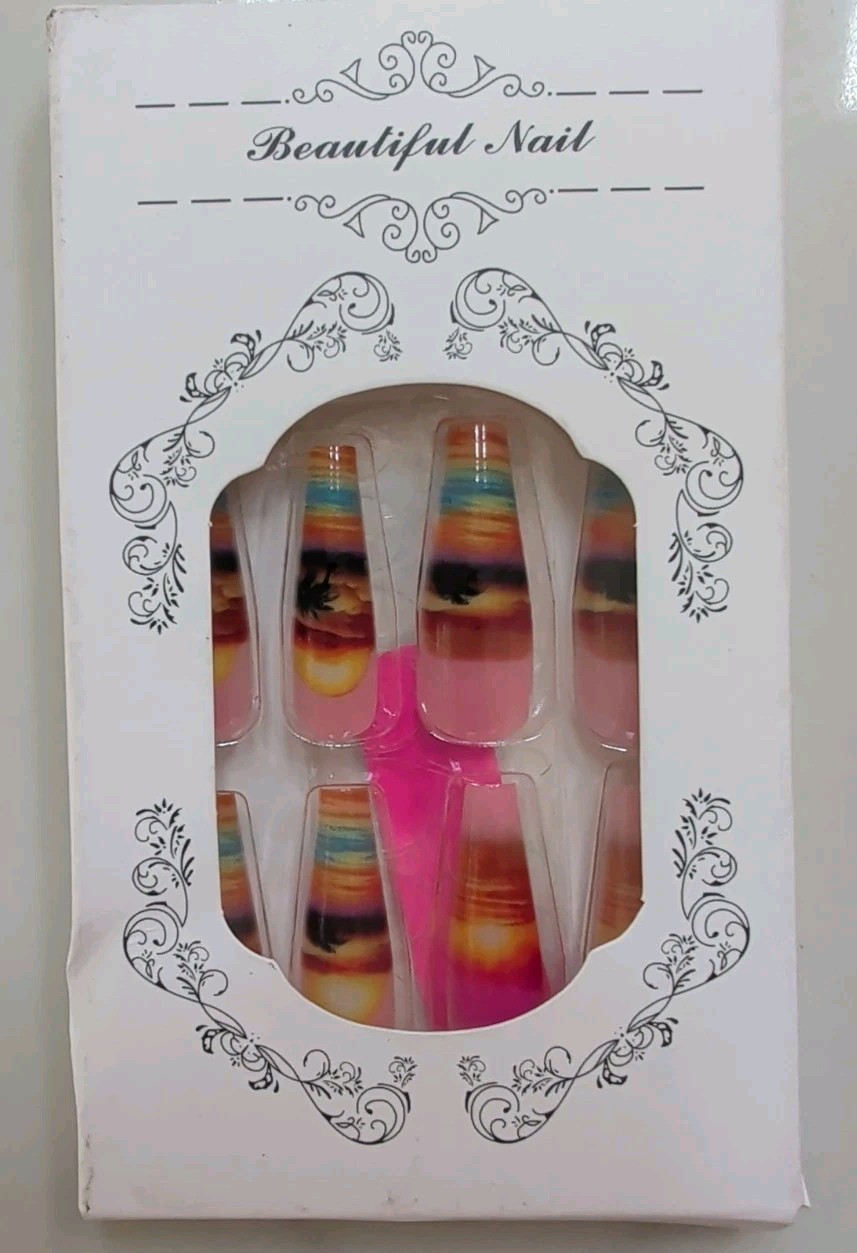 Long Coffin Shape Topical Sunset Beautiful Fake Nails 24 Piece