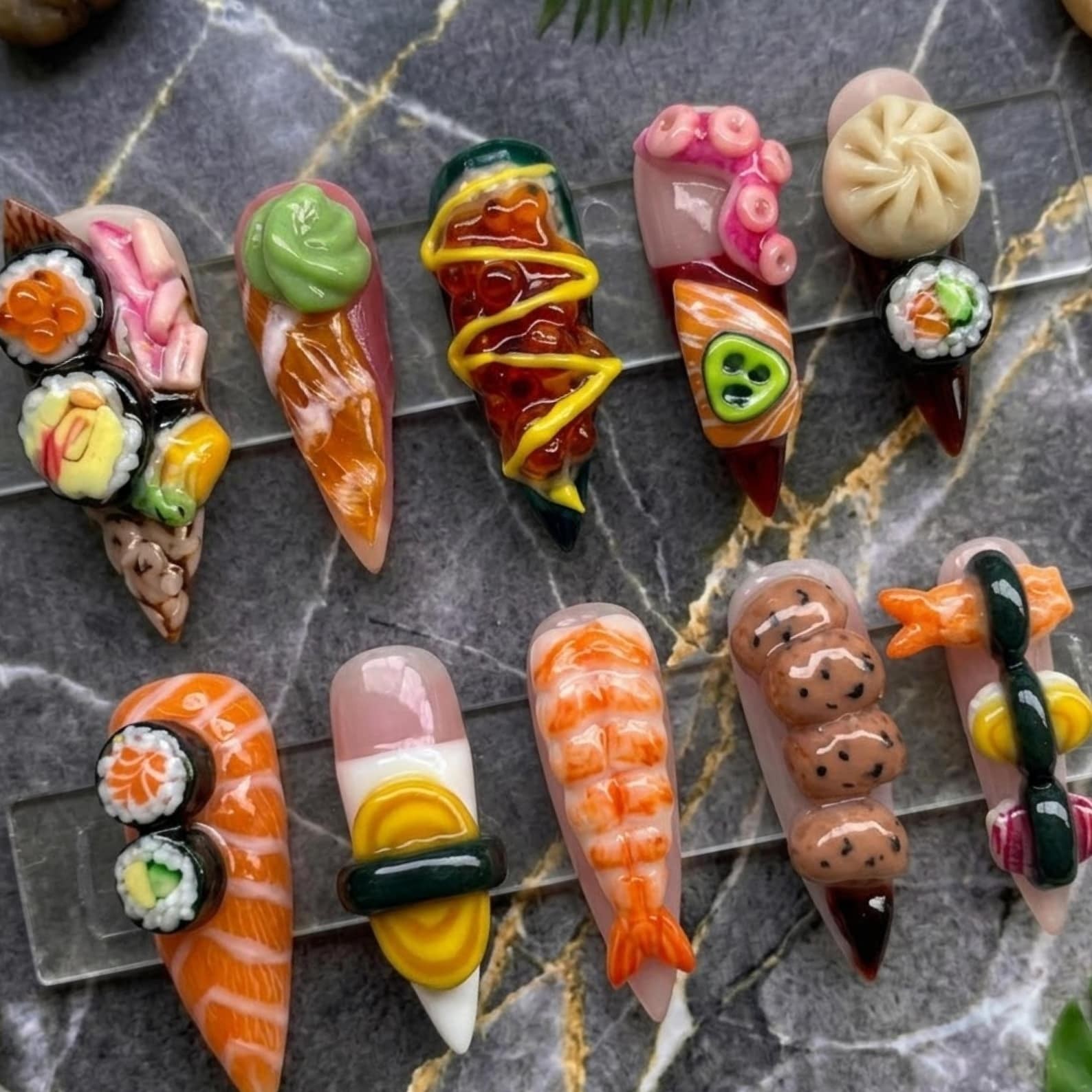 Handmade 3D Sushi Shrimp Dumpling Wasabi Food Long Stiletto Press on Nails Set
