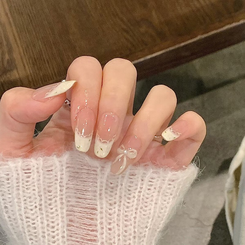 10Pcs Long Almond False Press on Nails White Lace Bow French Style Fake Nails