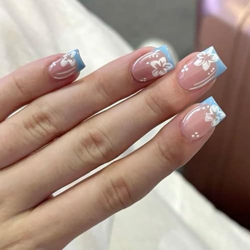 Press on Square Nails – Short Length Glossy – Full Blue & White Floral