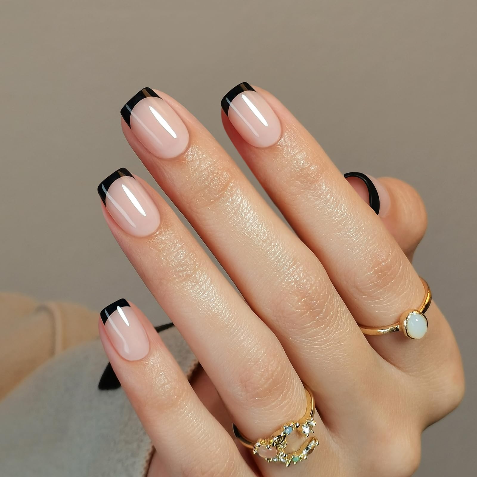 Black French Tip Press on Nails Square – Soft Gel Press on Nails Short, Fit P…