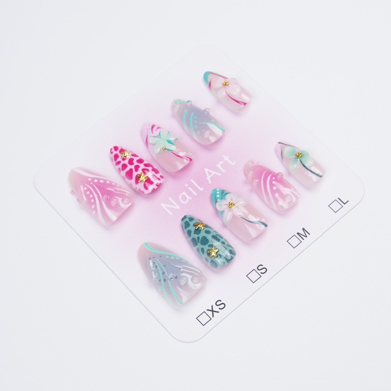 30Pcs-Long Almond Pink Green Leopard Flower Starfish Beach Press on Nails Set