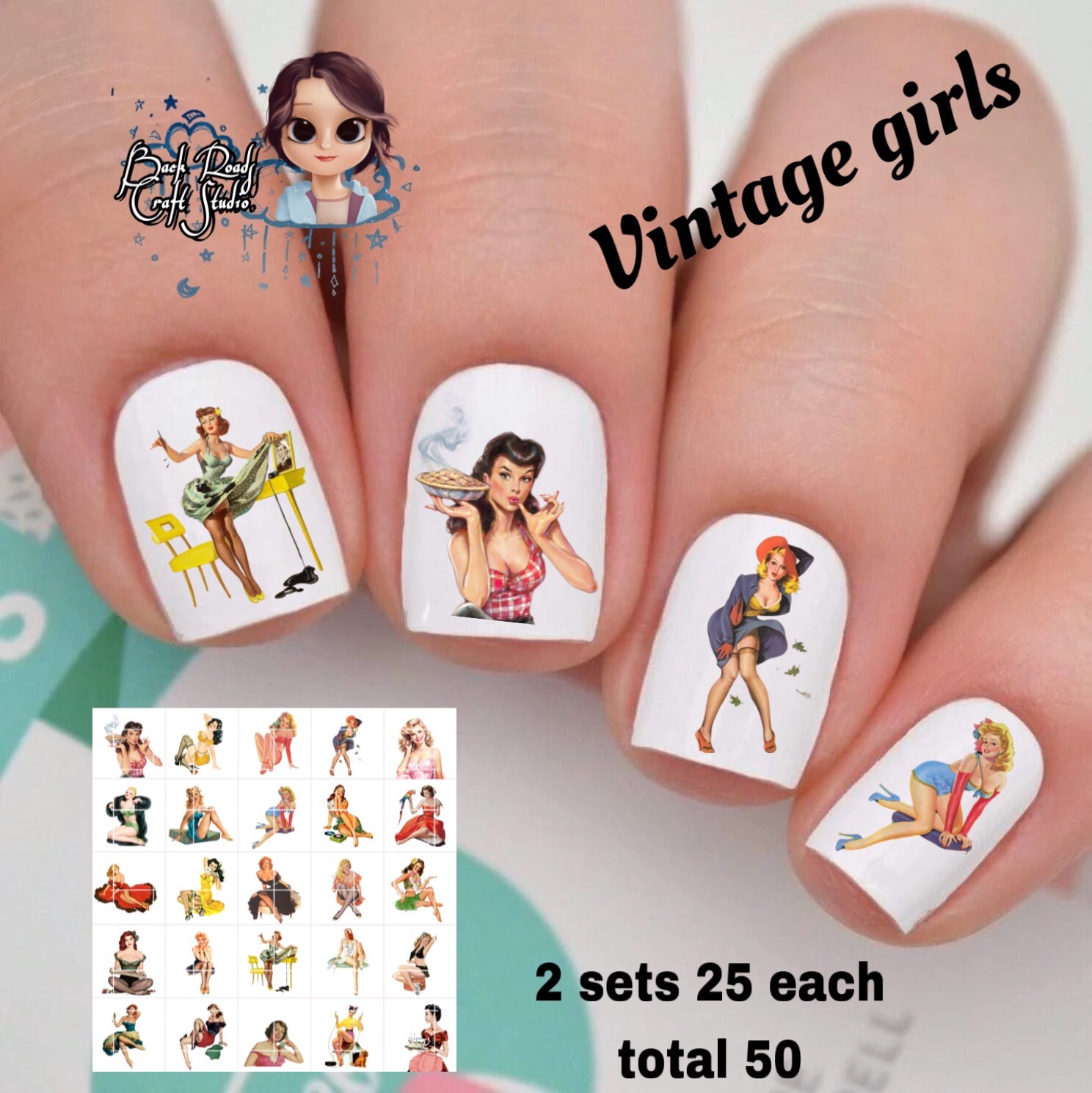 Vintage Girls Waterslide Nail Art Decals Set Of 50 Instructions & Bonus