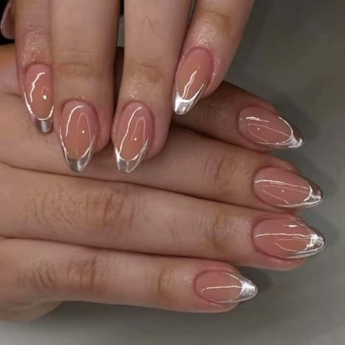Silver French Tip Press on Nails Medium Almond Fake Nails Silver Short Style-40