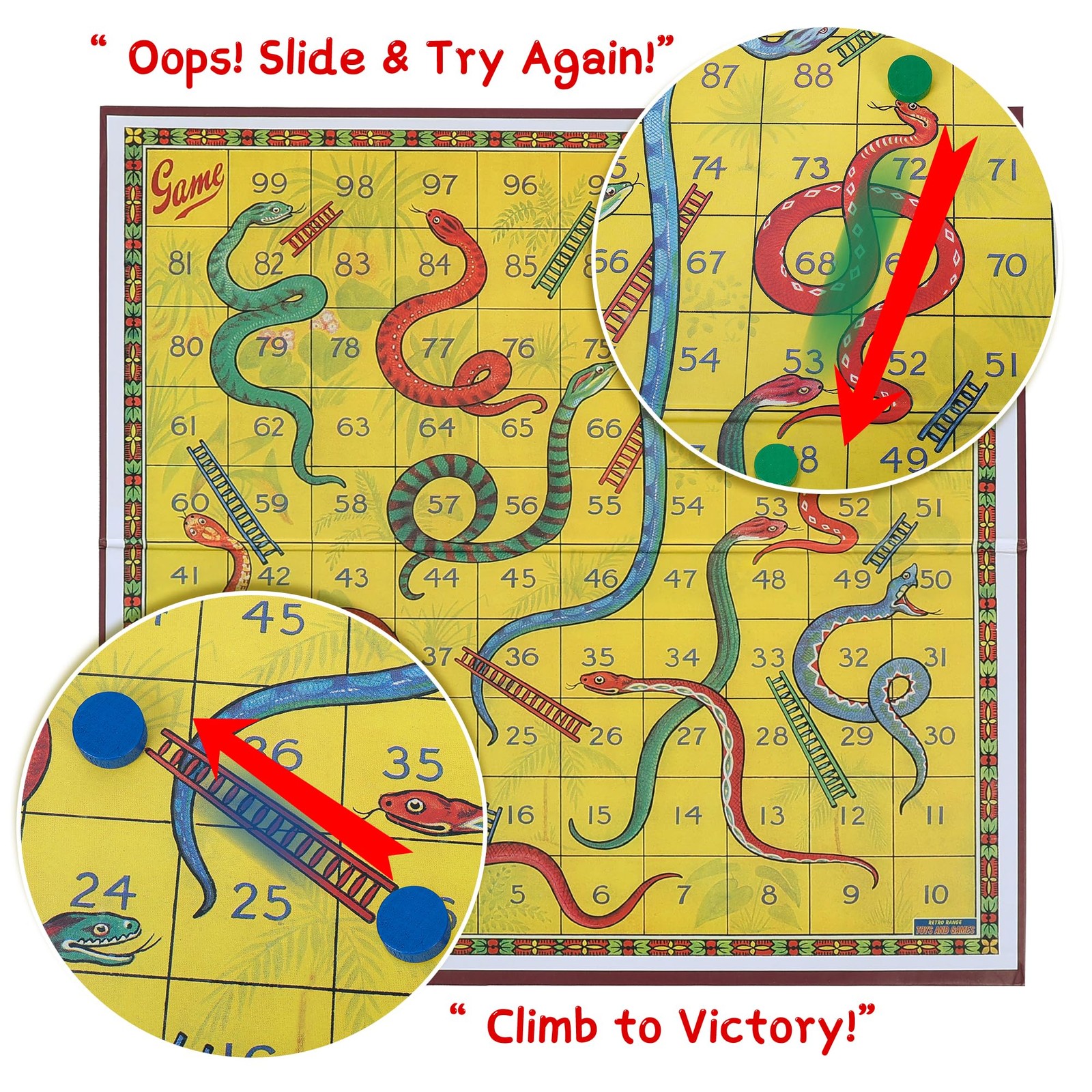 Classic Snakes and Ladders Board Game – 14×14 inches,