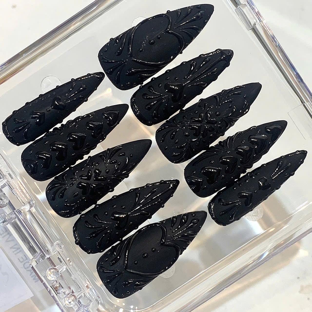 Custom Handmade Halloween 3D Embossed Heart Gothic Stiletto Press on Nails