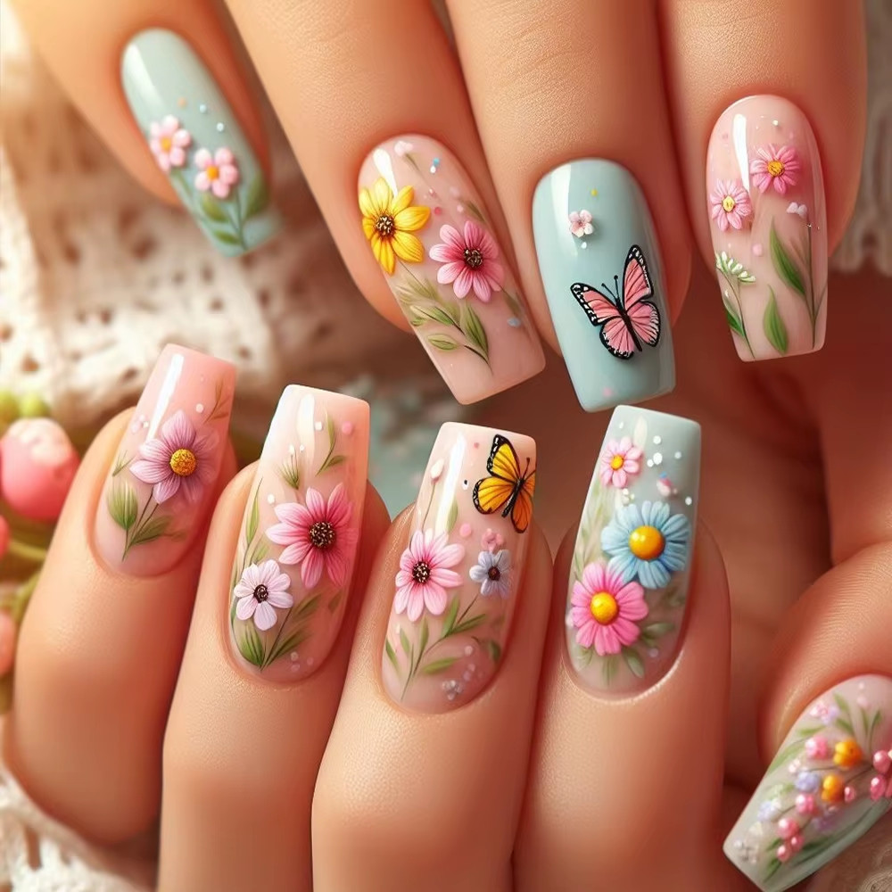 24Pcs Long French Fake Nails with Glue Ballet False Nails Butterfly Rhinestone D