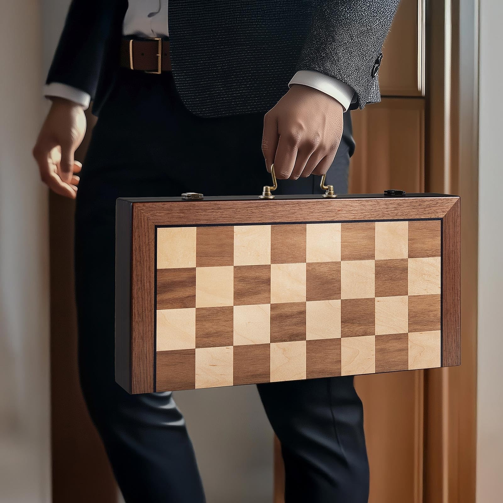 Deluxe Chess Set 16.5” Wooden Large Folding 16.54*16.54*1.5 inches, Brown