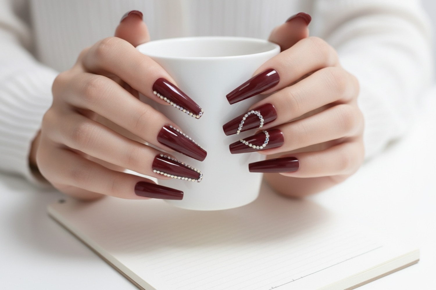 Red Burgundy 3D Crystal Coffin Ballerina Extra Long Rhinestones Press On Nails