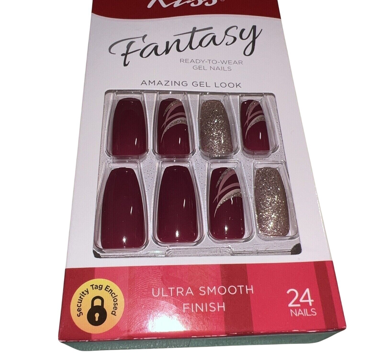 Kiss Fantasy 24 Gel Nails Long Shiny ROYAL Cranberry Red Gold Glitter Ballerina