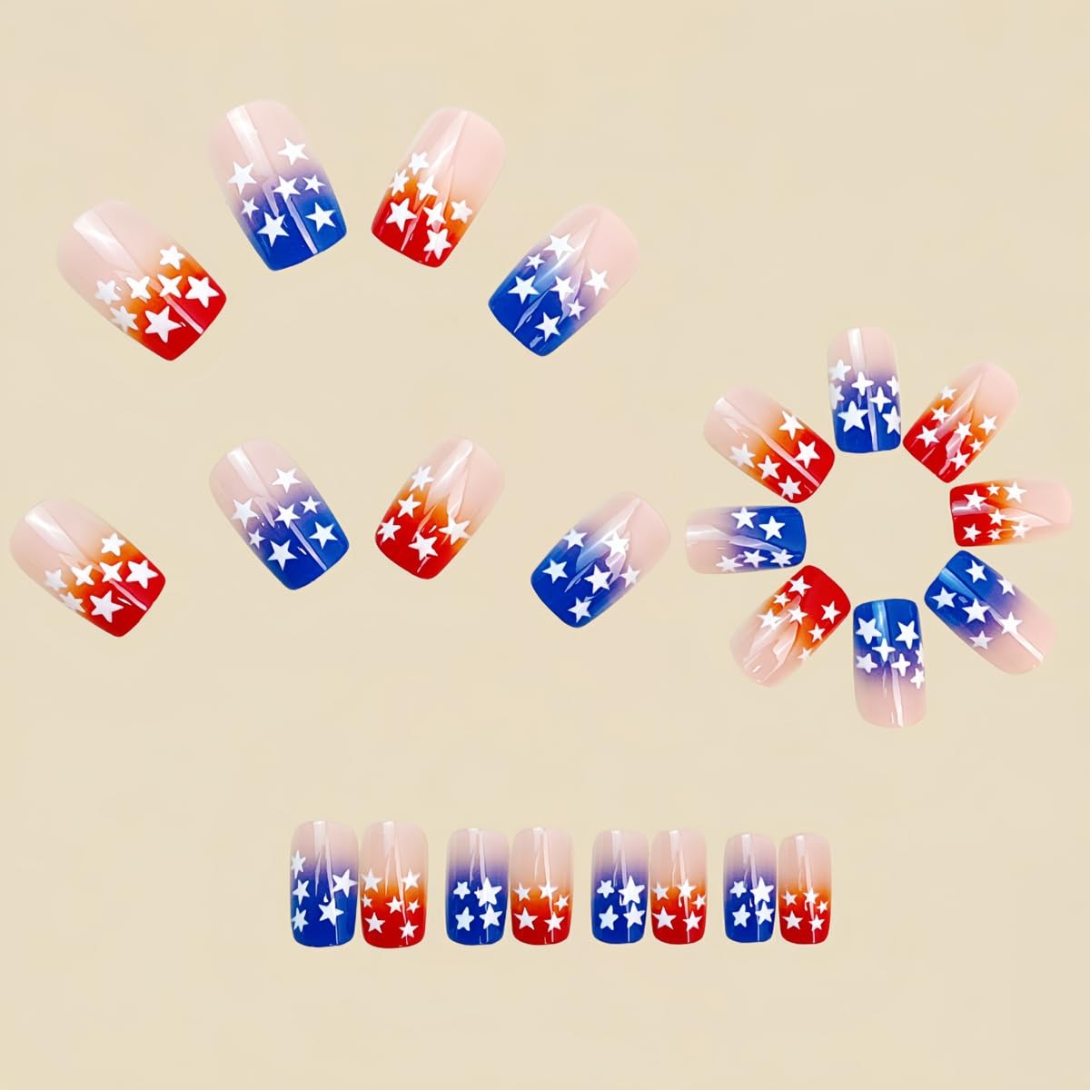 4th of July Press on Nails – Short Square Red White Blue Gradient Fake Nails,…