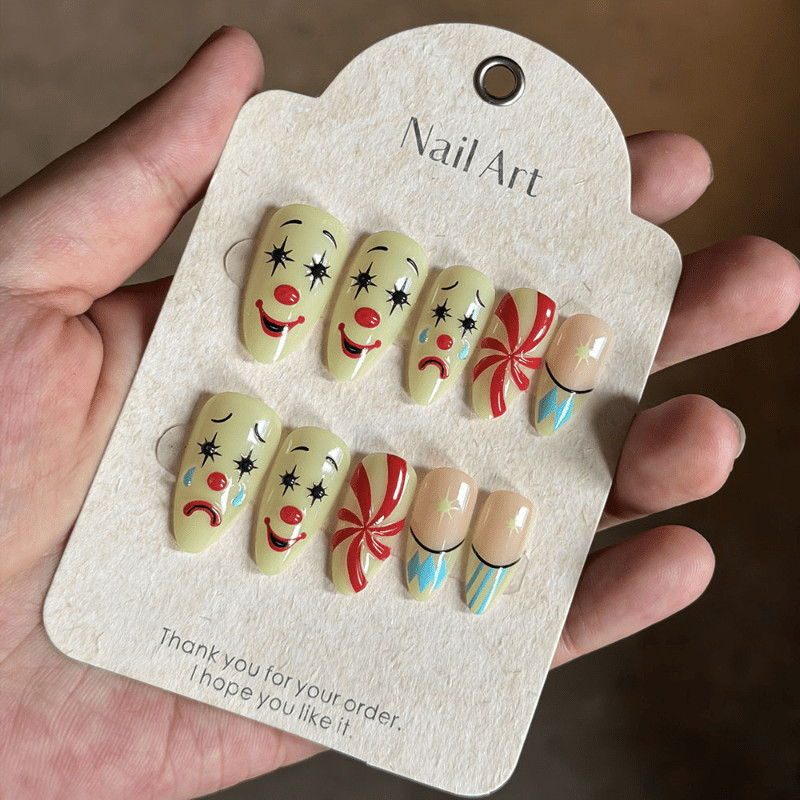 48 Pcs Clown Candy Print Press on Nails, Medium Almond Beige Trendy Fake Nails