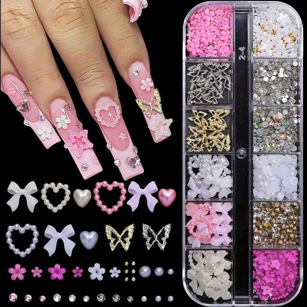 12/15Grids Acrylic Flower Nail Charms Mix Colors Set 3D Flower Nail Art Rhinesto