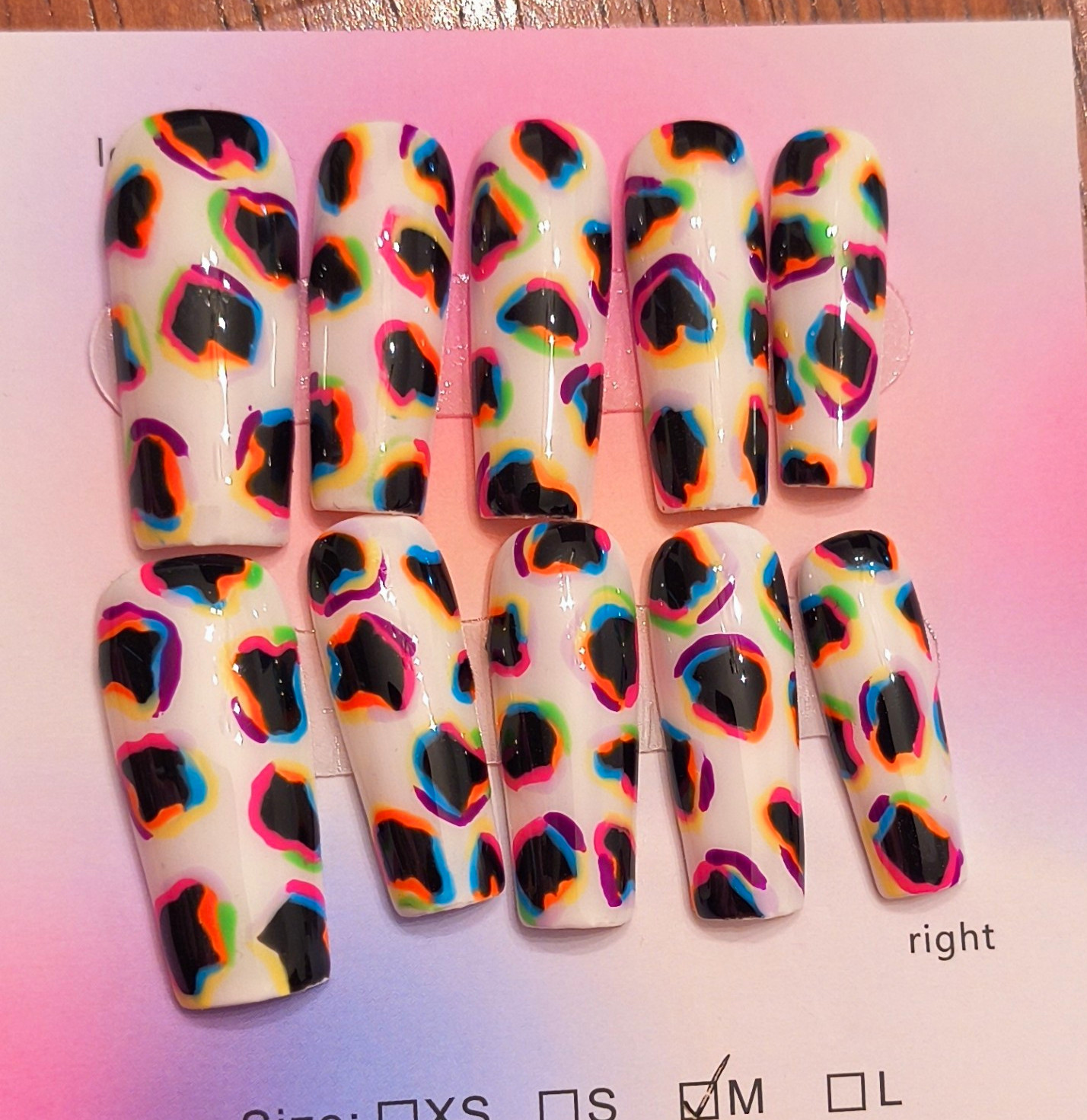Press-On Nails Size M Coffin White/Black Multicolor Shiny Leopard Full Cover