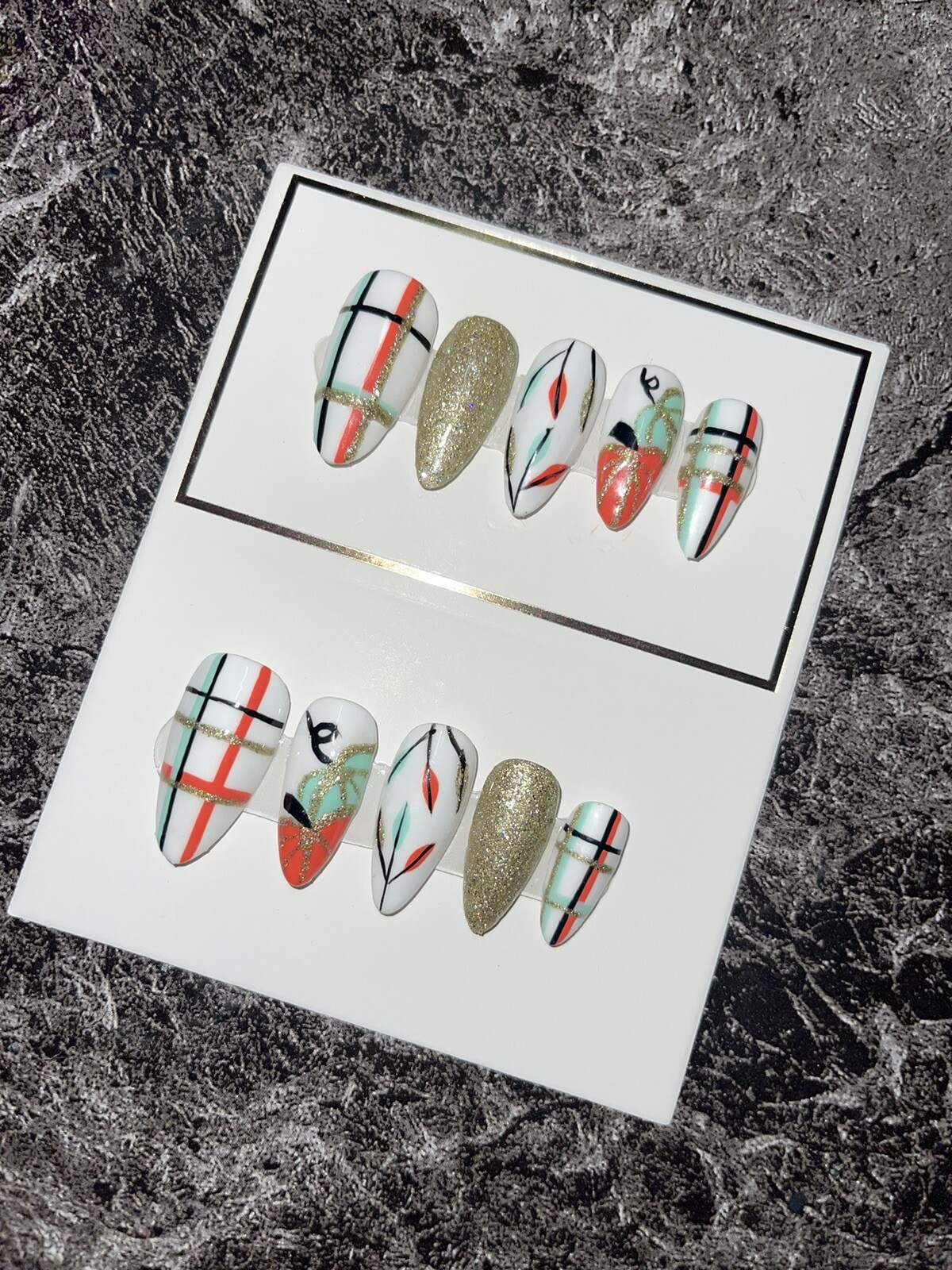 Orange & Teal Pumpkin Plaid Handpainted Press on Nails. includes Prep Kit