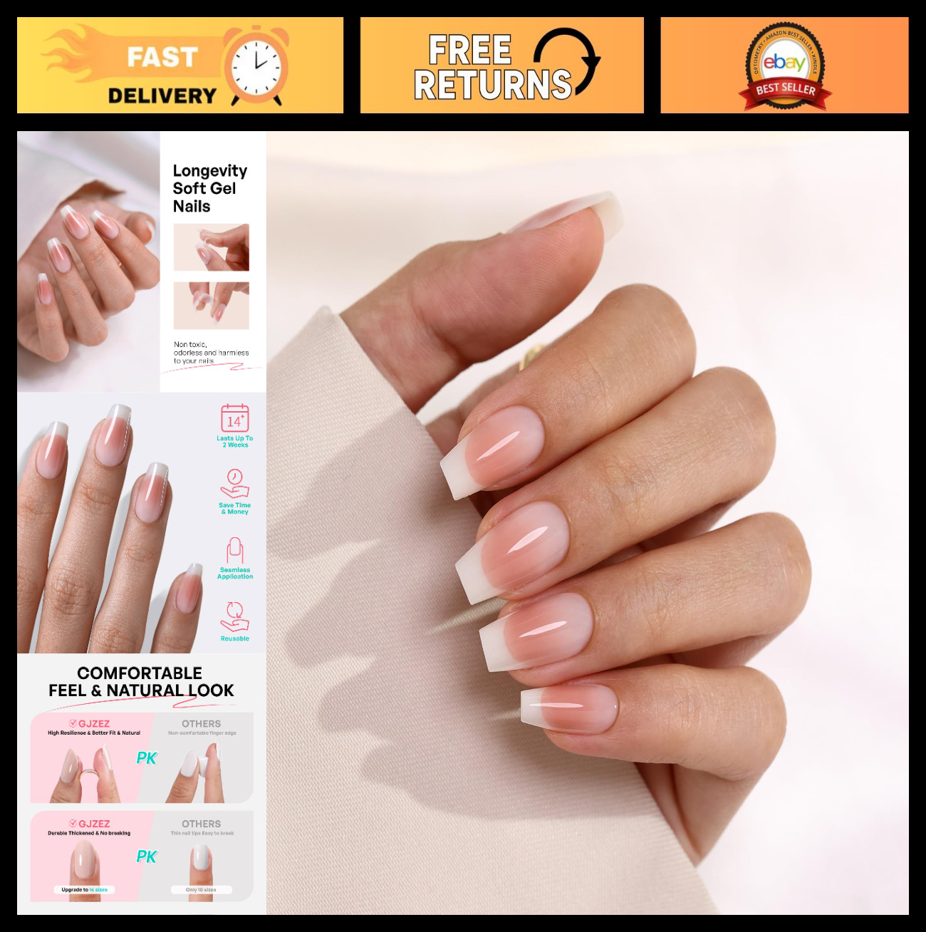 Milky White French Tip Press-On Nails – Soft Gel Ballerina Ombre, 32 Pcs, Reusab
