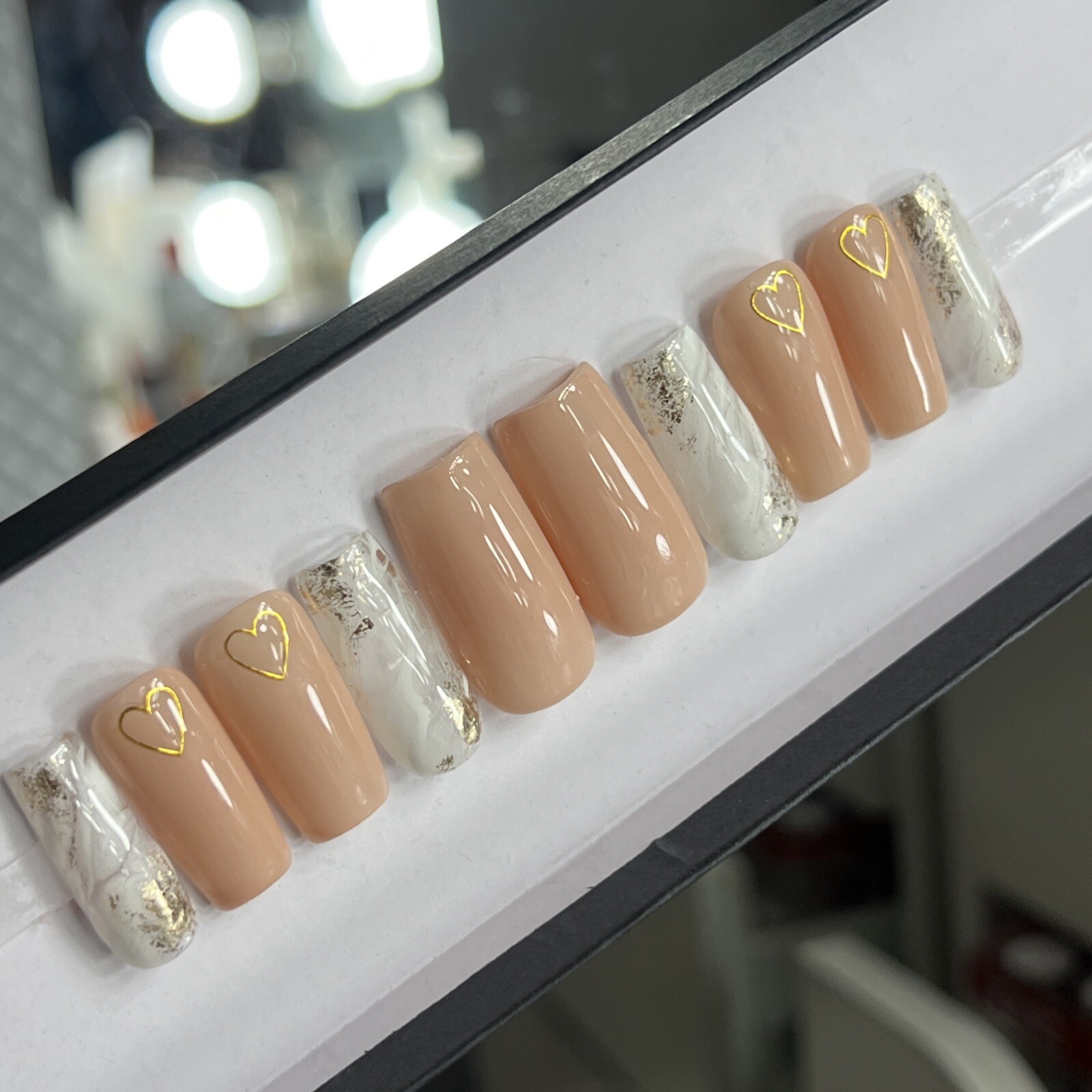 💕 CUSTOM Gel Press On Nails, MARBLE Nude HEART W BLING 10p FULL SET W Kit