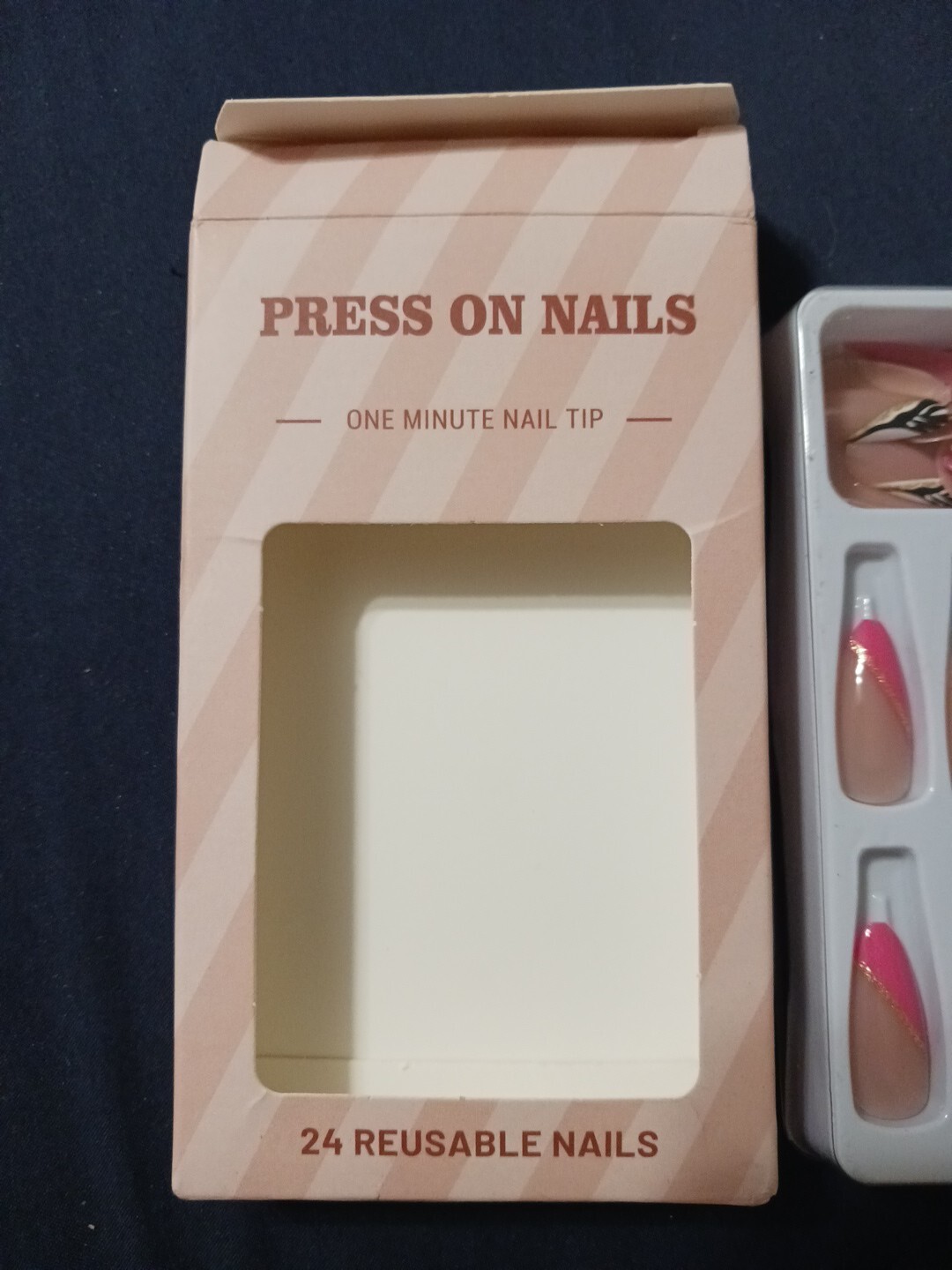 Nude & Zebra Angled Pattern Gold Glitter Reusable Press On Nails 24 pcs