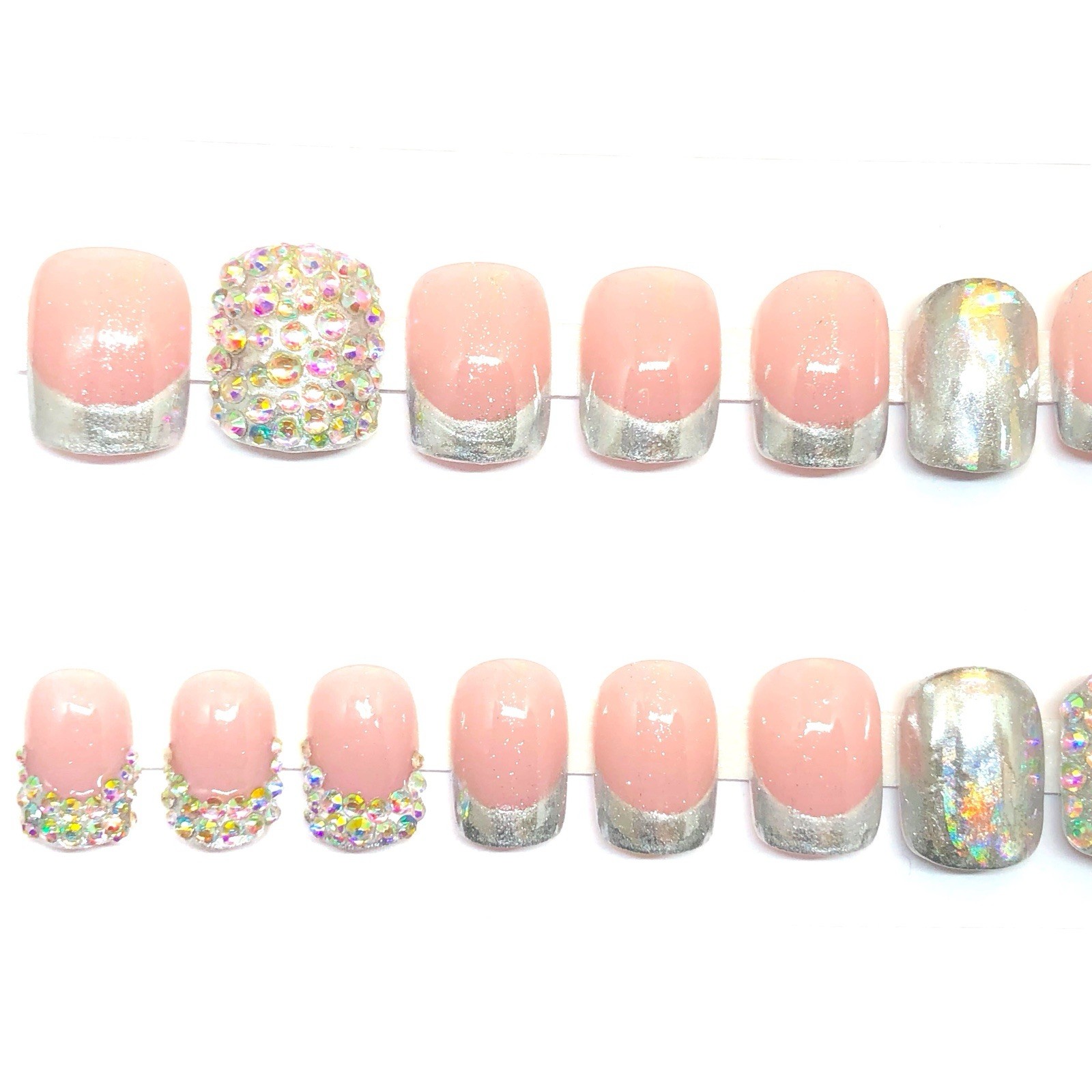 Handmade Custom Press on Nails UV Gel Short Square Pink & Silver Nails Bling