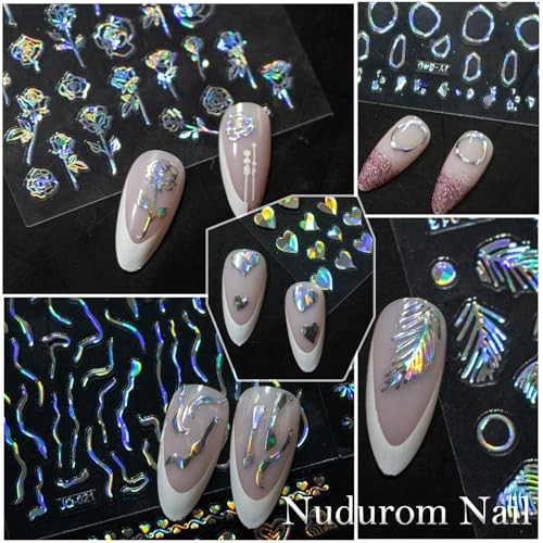 60 Sheets Holographic Nail Art Stickers for Girls Women’s Laser Aurora Silver