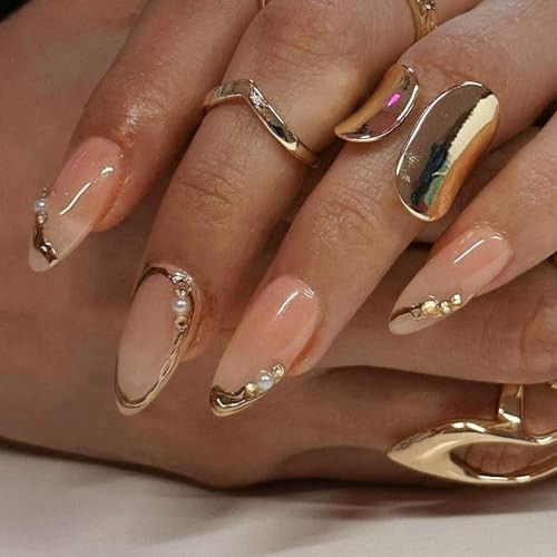 French Tip Press on Nails Medium Almond Fake Nails Gold Line Almond Style-18