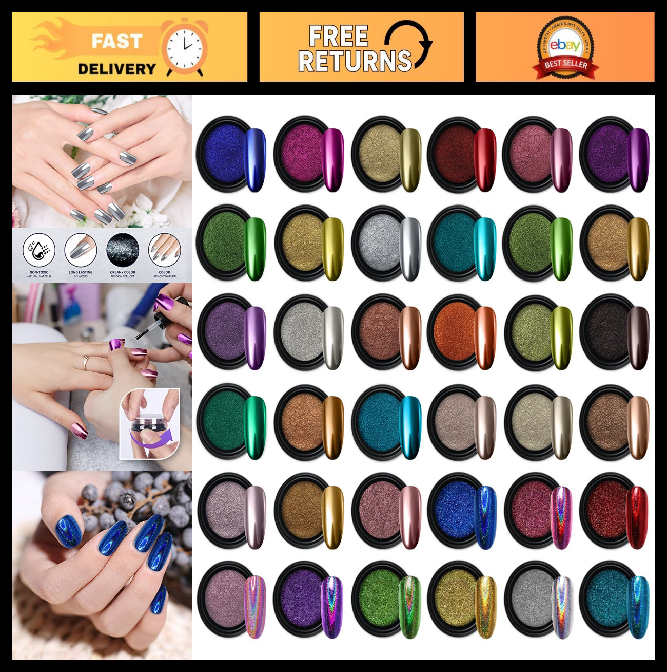 36 Jars Nail Powder Set – Metallic Mirror Holographic Chameleon Pigment for Nail