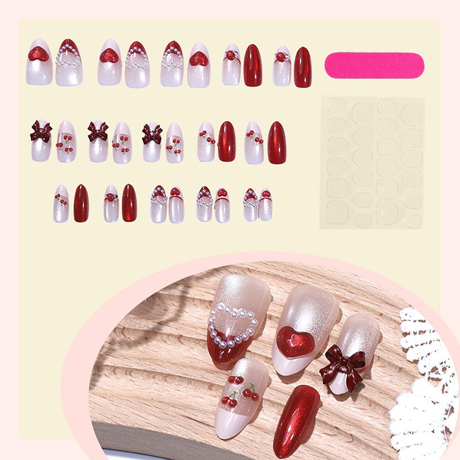 Valentines Press on Nails Medium Almond Fake Nails French Tip False Nails wit…