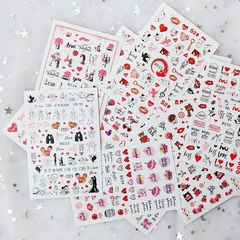 12 Sheets Valentines Nail Decoration Heart Love Self-Adhesive Slider Letters NH4