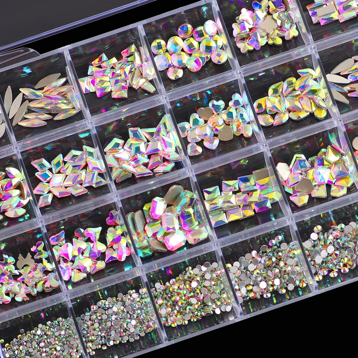 1 box of multi shaped 3D nail diamond kits 24 AB crystal gem grids flat bottom