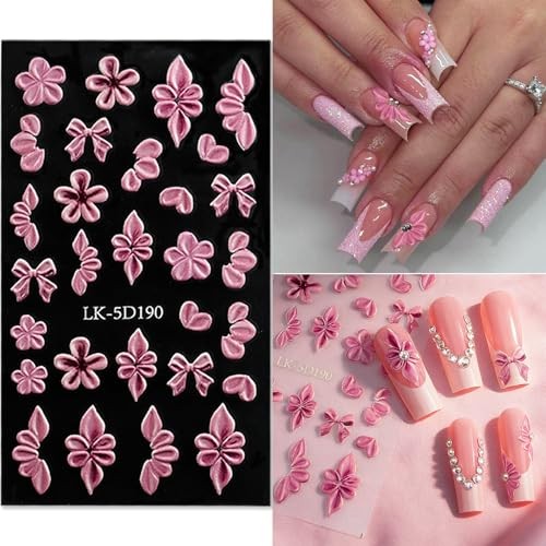 Bow Flower Nail Art Stickers 5D Embossed Nail Decals with Pearls Colorful-02