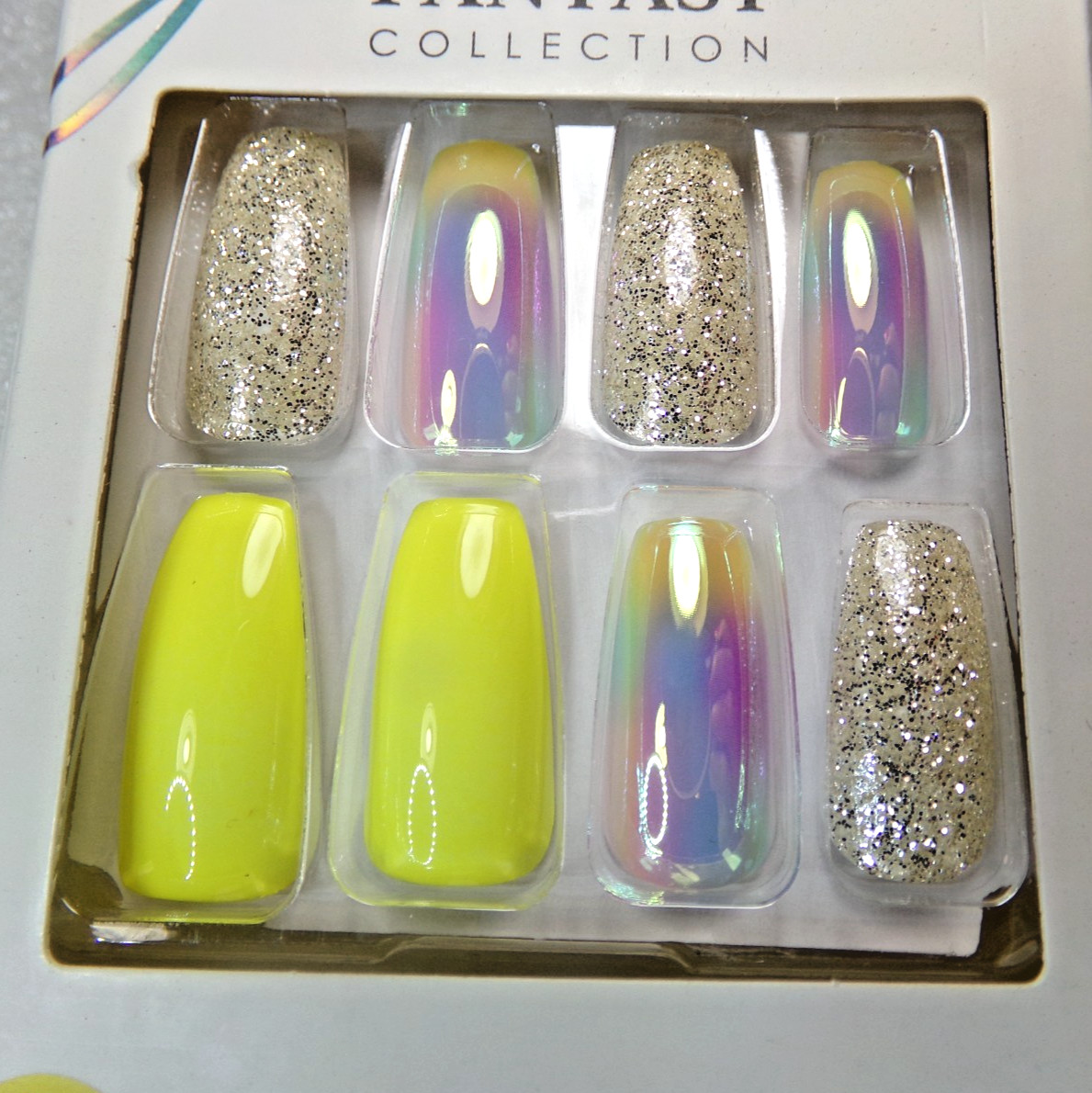 KISS gel Fantasy NAILS GLUE ON Yellow with Iridescent & Glitter LONG