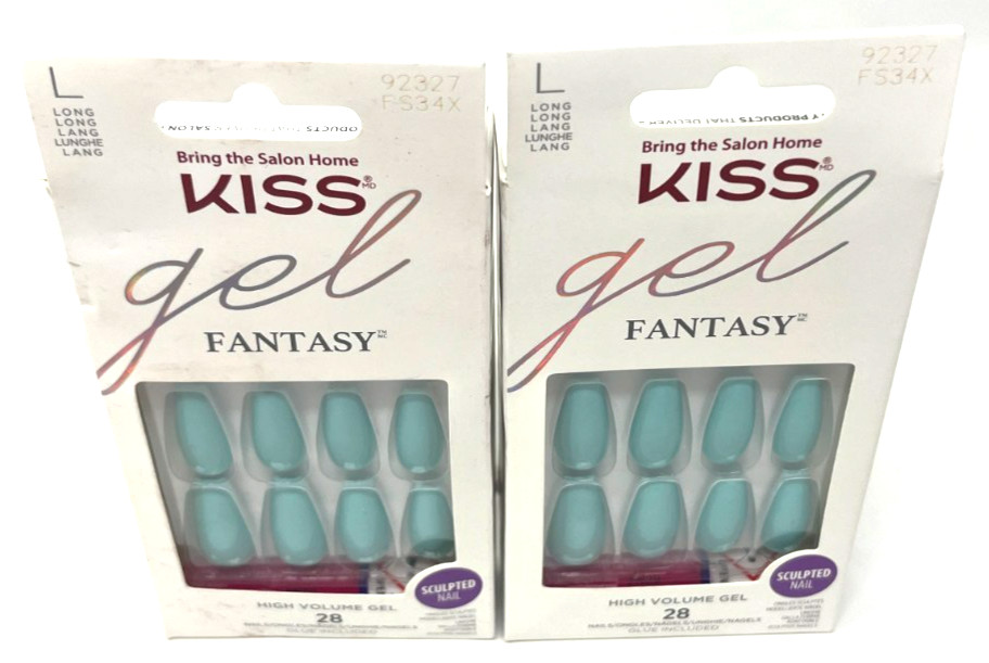 (2) Kiss Gel Fantasy Nails New In Packaging Long 92327 FS34X Aqua Blue