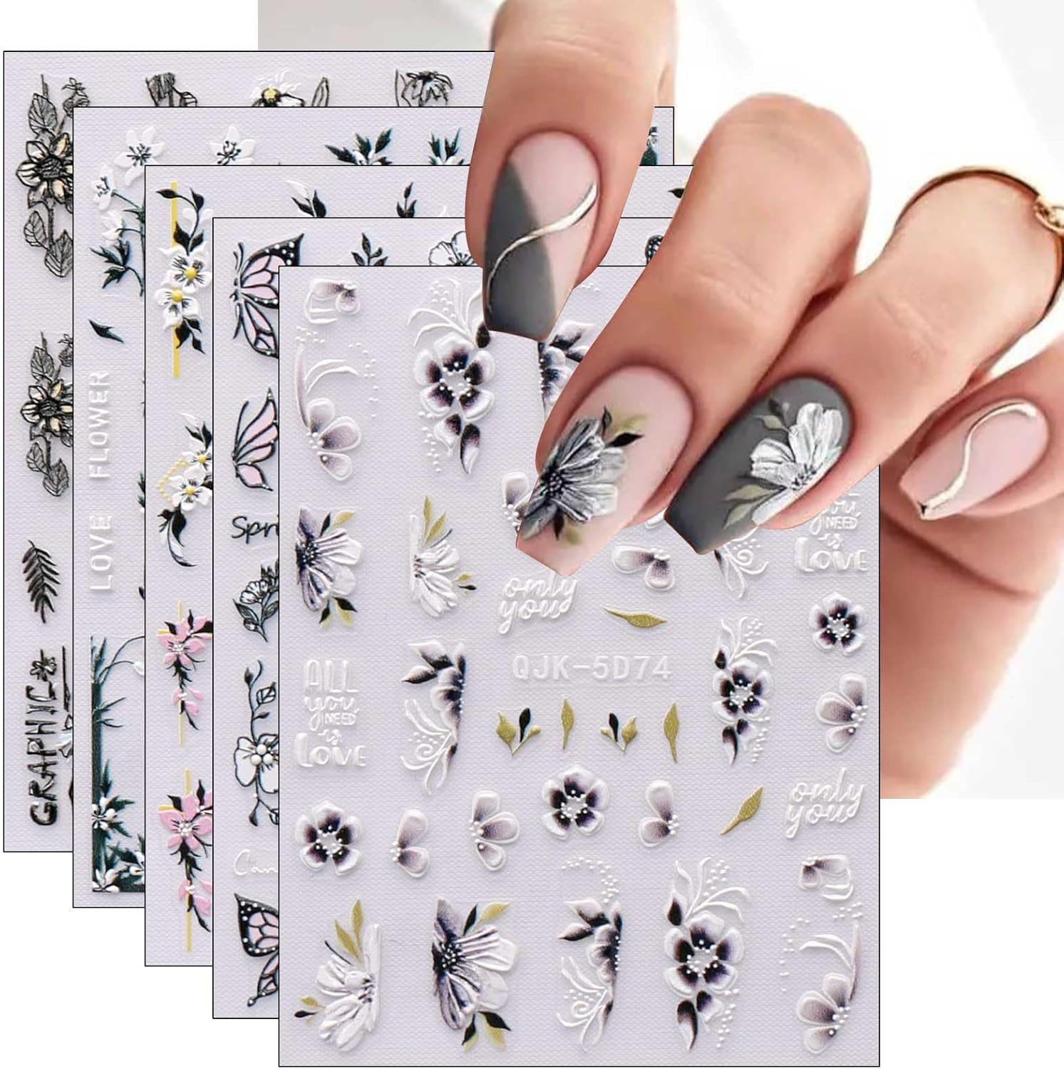 6 Sheets 3D Embossed Spring Flower Nail Art Stickers Decals Self-Adhesive Pegati
