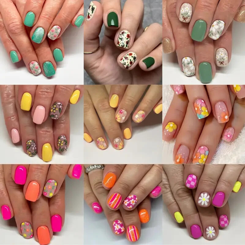 216pcs Multicolor Spring/Summer Floral Press-On Nail Set, Glossy Finish, Short
