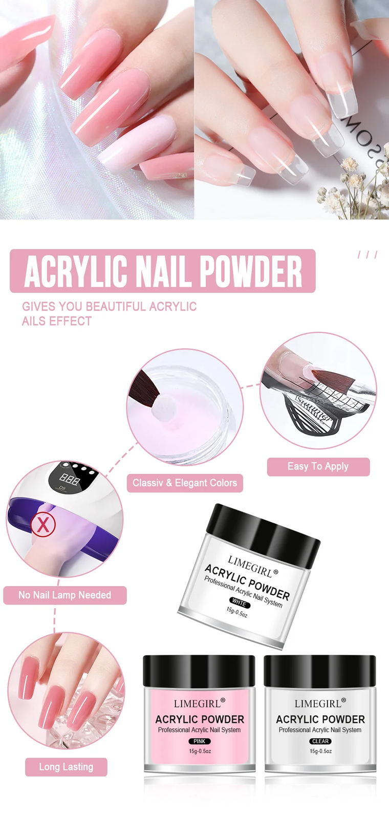 40ml Crystal Liquid With 45ml Acrylic Powder Kit Set Pink White Transparent