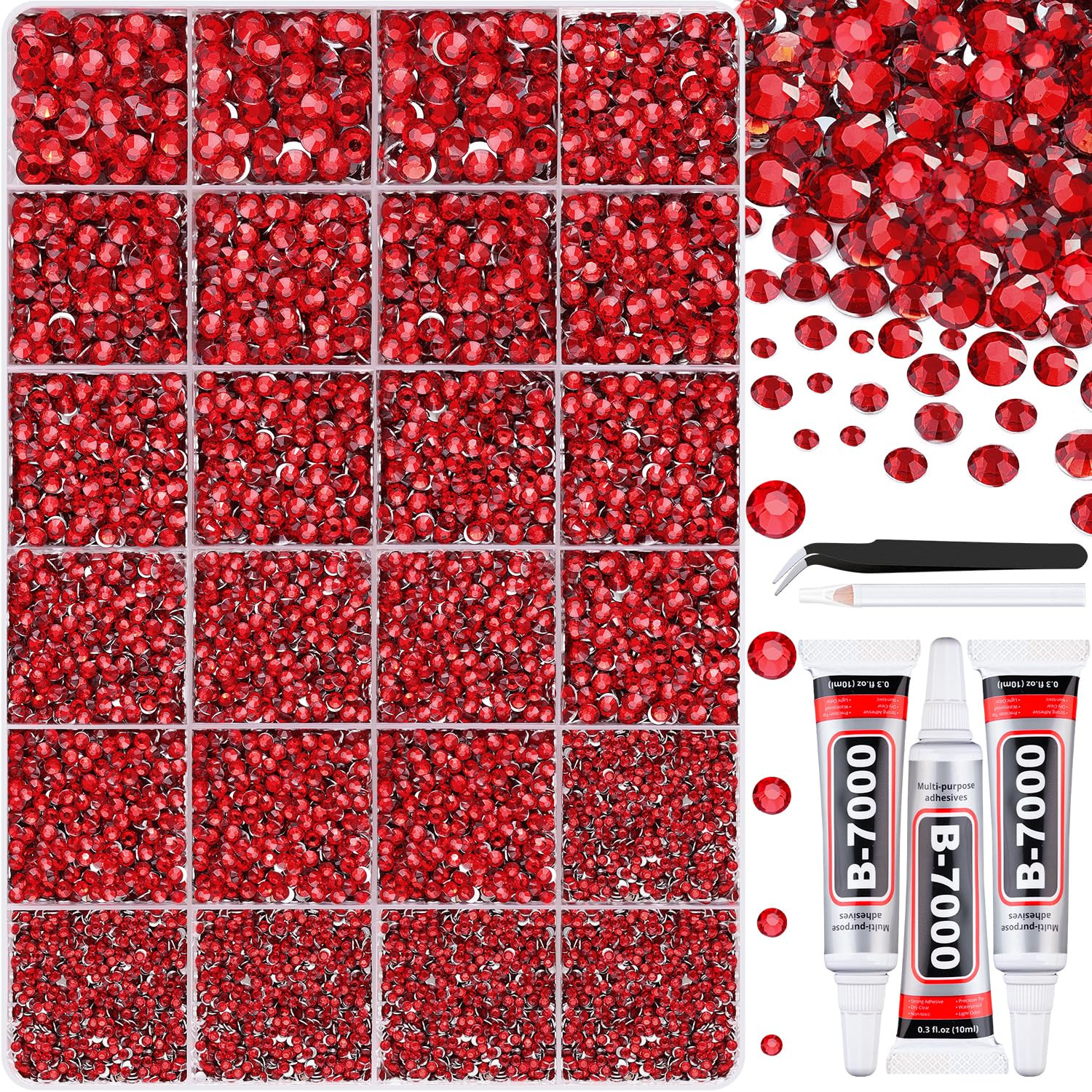 32000Pcs Resin Rhinestones with Tweezers for Crafting, Red Flatback Gems, Bedazz